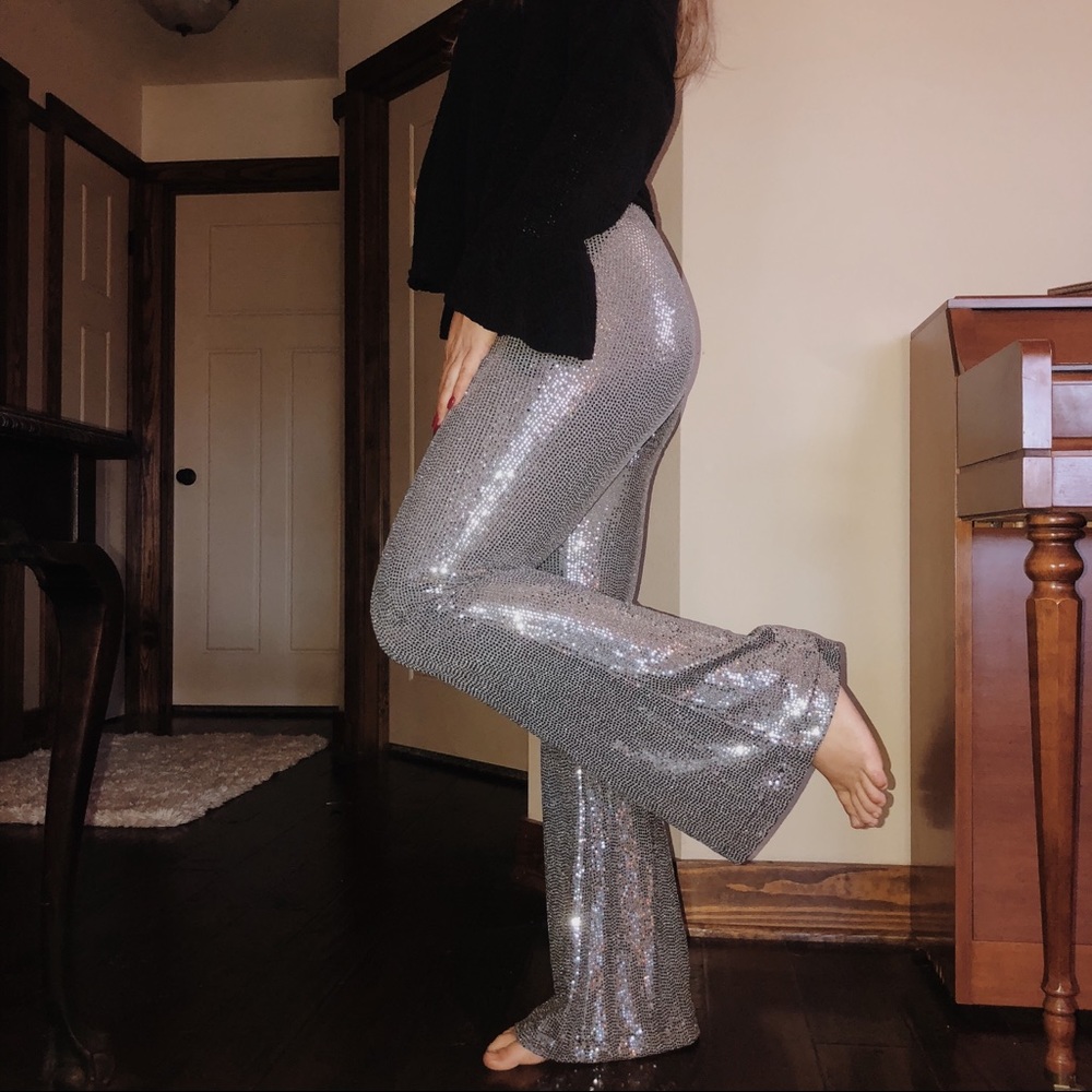 silver sequin flare pants